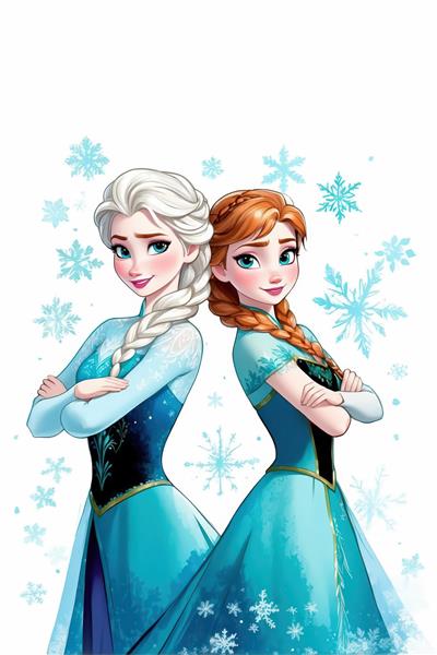 تابلوی عمودی السا و آنا با لباس‌های آبی و دست‌های بسته و پس‌زمینه سفید همراه با دانه‌های برف آبی