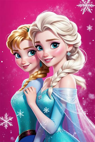 تصویر پرتره نزدیک السا و آنا با مدل موی جمع شده السا و زمینه صورتی درخشان و دانه‌های برف