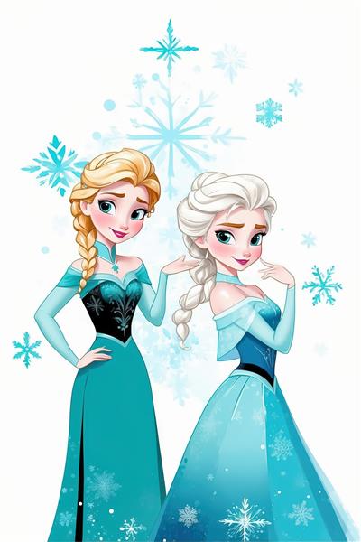 عکس چاپ عریض السا و آنا در کنار هم با ژست‌های متفاوت و پس‌زمینه برفی سفید و آبی روشن