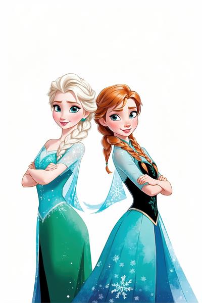 پوستر السا (لباس آبی فیروزه‌ای) و آنا (لباس فیروزه‌ای تیره) پشت به پشت با پس‌زمینه کاملاً سفید