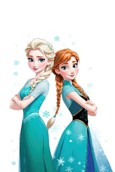 تابلوی عمودی السا و آنا پشت به پشت با دست‌های بسته و دانه‌های برف آبی کمرنگ در پس‌زمینه سفید