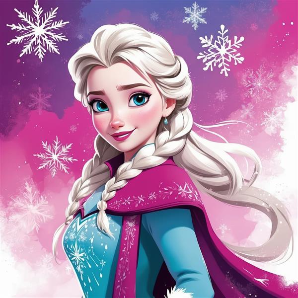 عکس پرتره السا با شنل بنفش و لباس آبی در پس‌زمینه فانتزی صورتی بنفش و دانه‌های برف