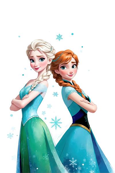 تصویر باکیفیت السا (سبز) و آنا (آبی) با دست‌های بسته و پس‌زمینه سفید مناسب برای برش و چاپ