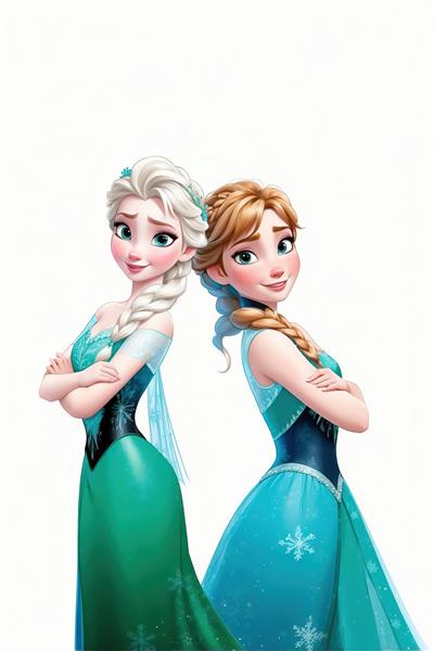 پوستر عمودی السا (لباس سبز) و آنا (لباس آبی) پشت به پشت با دست‌های بسته و پس‌زمینه سفید