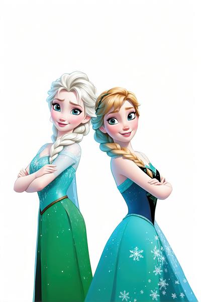 پوستر عمودی السا و آنا با لباس‌های زمستانی سبز و آبی، با دست‌های بسته و پس‌زمینه سفید