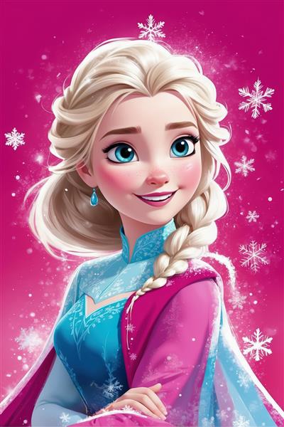 تابلوی پرتره السا با لباس آبی و شنل صورتی در یک پس‌زمینه کاملاً صورتی و دانه‌های برف