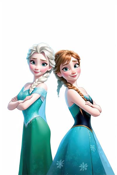 عکس برش خورده السا (سبز) و آنا (آبی) پشت به پشت با دست‌های بسته و پس‌زمینه سفید