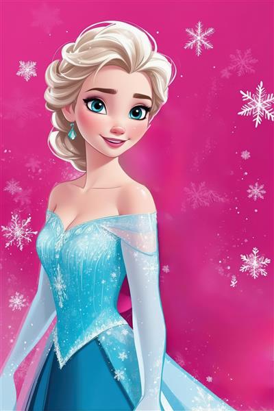 تصویر دکوراتیو السا با موی جمع شده، لباس آبی و شانه افتاده در پس‌زمینه صورتی و برفی