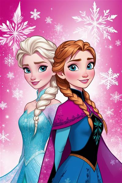 پوستر عمودی السا و آنا پشت به پشت با لبخند و پس‌زمینه صورتی براق مناسب چاپ عریض