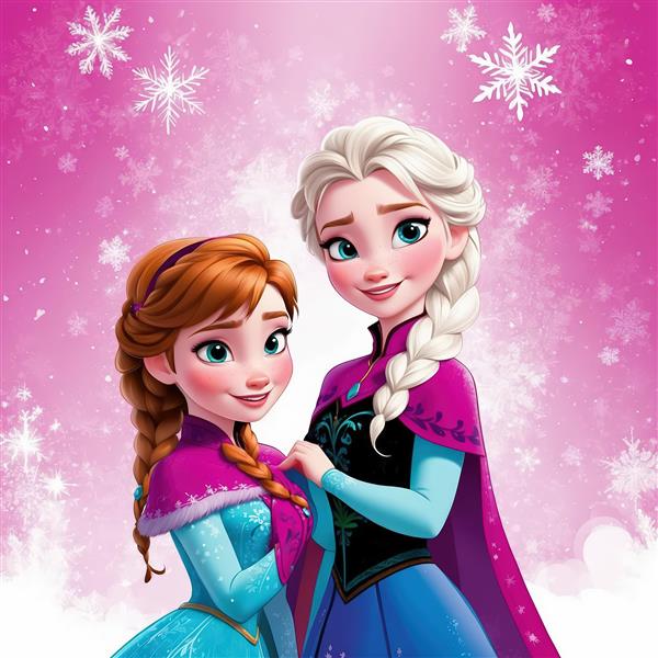 عکس پرتره نزدیک السا و آنا با دست‌های به هم نزدیک در پس‌زمینه برفی و صورتی روشن