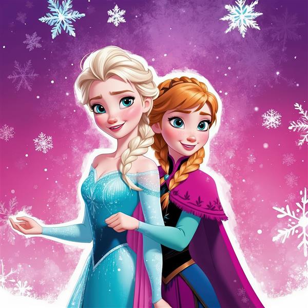 تابلوی السا و آنا در یک قاب، السا در حال ایجاد یخ و برف، با پس‌زمینه صورتی و بنفش