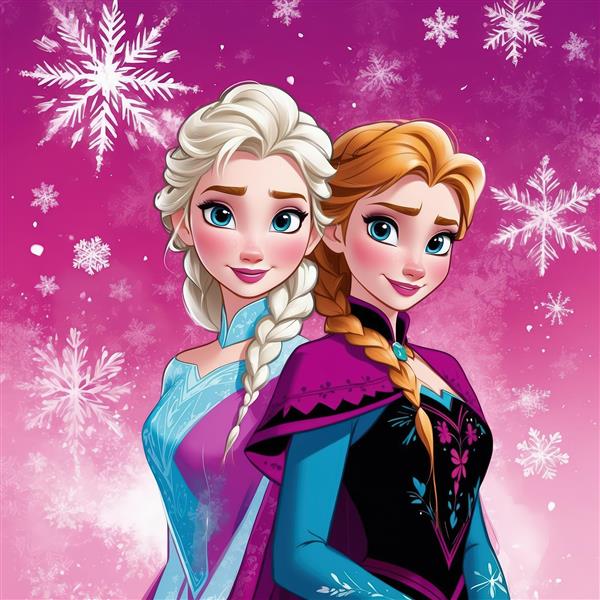 تصویر باکیفیت السا و آنا لبخند بر لب با پس‌زمینه صورتی زمستانی و دانه‌های برف بزرگ