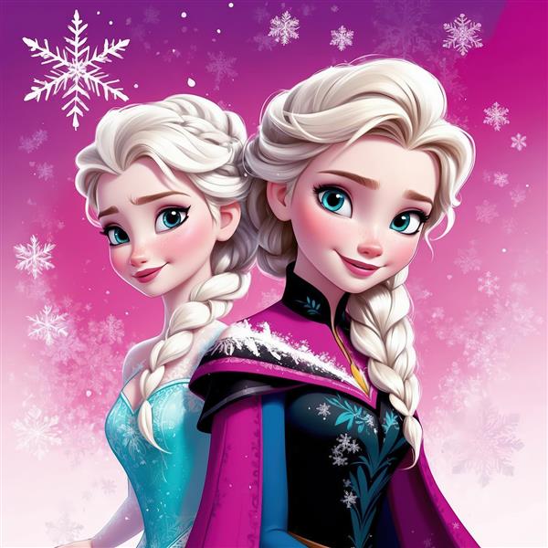 عکس چاپ عریض السا و آنا پشت به پشت با لباس‌های زمستانی و پس‌زمینه برفی بنفش