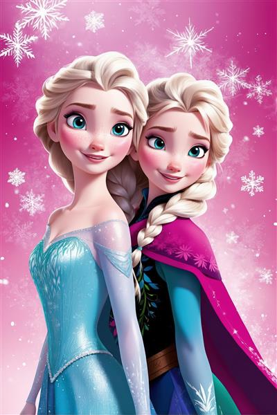 پوستر عمودی السا و آنا در کنار هم با پس‌زمینه صورتی درخشان و دانه‌های برف