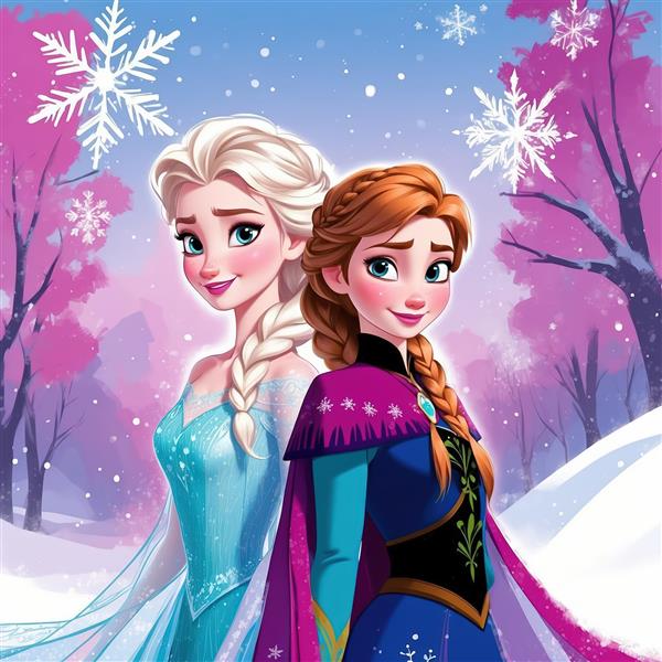 پوستر السا و آنا با استایل ایستاده در میان برف و درختان صورتی برای اتاق کودک