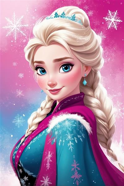 عکس پرتره السا با موهای بافته، تاج و گوشواره در پس‌زمینه برفی و رنگ‌های صورتی و آبی