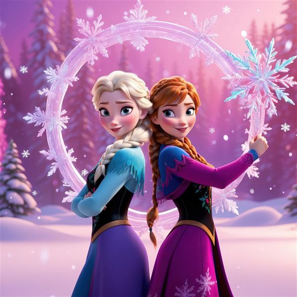 تصویر باکیفیت السا و آنا پشت به پشت با حلقه نورانی و دانه برف بزرگ در جنگل فانتزی