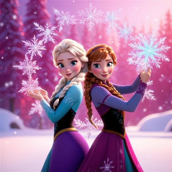 تابلوی السا و آنا با کریستال‌های برف دایره‌ای شکل در پس‌زمینه برفی و رنگ‌های صورتی و بنفش