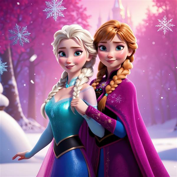 عکس چاپ عریض السا و آنا در کنار هم با قلعه آرندل در پس‌زمینه جنگل برفی