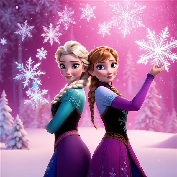 طرح دکوراتیو السا و آنا پشت به پشت با نگهداری کریستال‌های برف در صحنه برفی صورتی