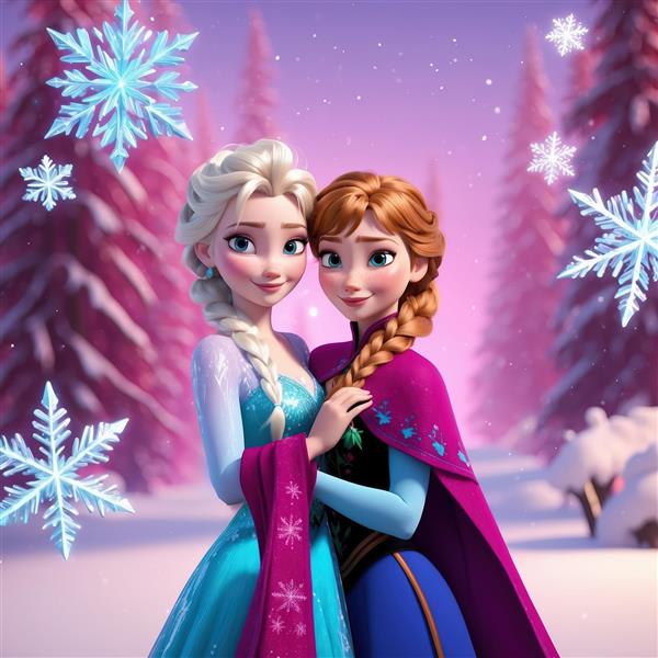 تابلوی السا و آنا در حال بغل کردن یکدیگر با کریستال‌های برف درخشان و پس‌زمینه فانتزی صورتی