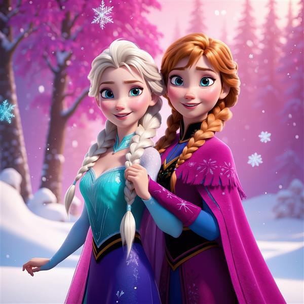 تصویر باکیفیت السا و آنا دست در دست هم در منظره برفی زمستانی با درختان صورتی