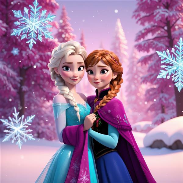 عکس دکوراتیو السا و آنا در آغوش یکدیگر در جنگل برفی با درختان صورتی و بنفش