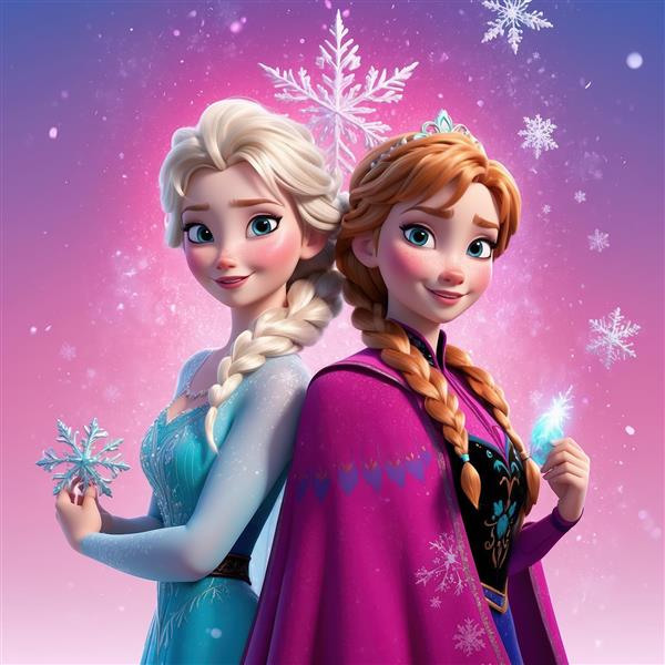 پوستر السا و آنا از کارتون فروزن با پس‌زمینه درخشان برفی برای چاپ دکوراتیو