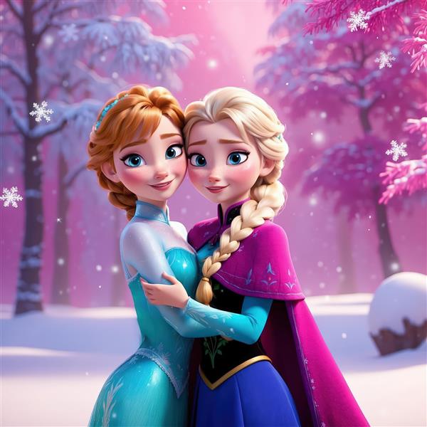 تصویر نزدیک آنا و السا در آغوش هم، فضای رمانتیک صورتی برفی