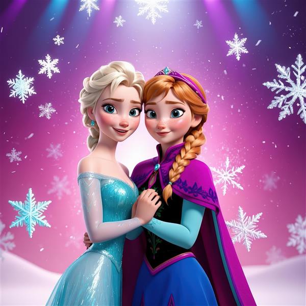 عکس السا و آنا با نورپردازی بنفش و برف، مناسب چاپ‌های دراماتیک