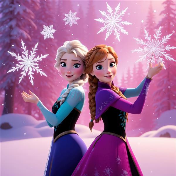 طرح دکوراتیو السا و آنا در حال ساخت کریستال‌های برف، پس‌زمینه صورتی