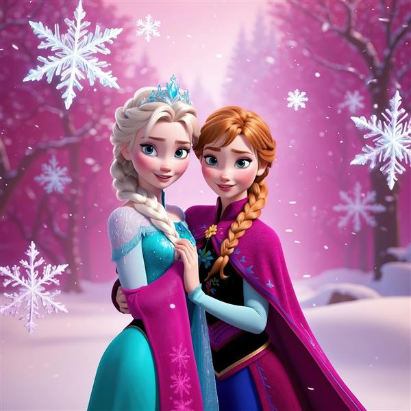 عکس با کیفیت آنا و السا با لباس‌های رسمی در منظره صورتی و برف
