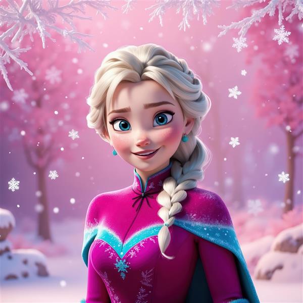 تصویر پرنسس السا با لباس فوشیا (صورتی تیره) در جنگل برفی صورتی