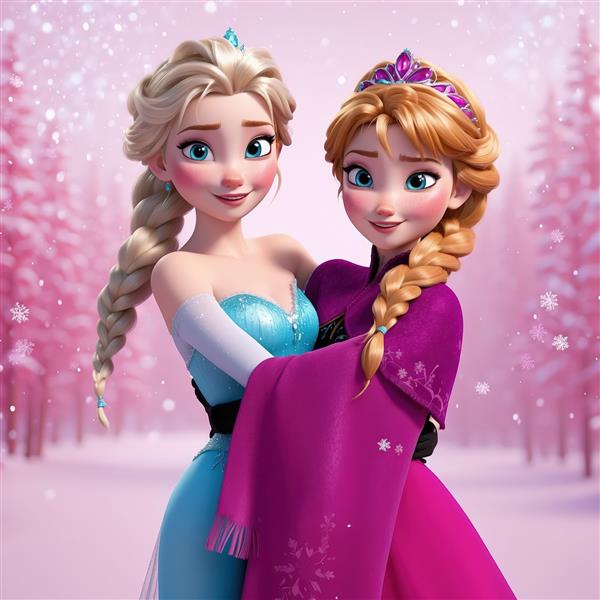 پوستر چاپ عریض آنا و السا در آغوش هم، محیط صورتی فانتزی