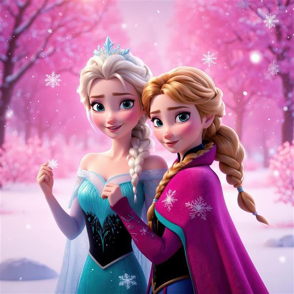 طرح دکوراتیو السا و آنا در محیط برفی صورتی، در حال گرفتن برف