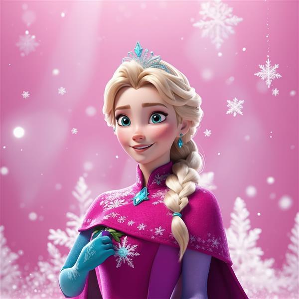 عکس با وضوح بالای السا در لباس زمستانی صورتی، با دانه‌های برف