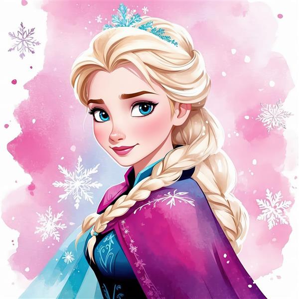 تصویر اورجینال ملکه السا، شنل بنفش و تاج در فضای آبرنگی صورتی