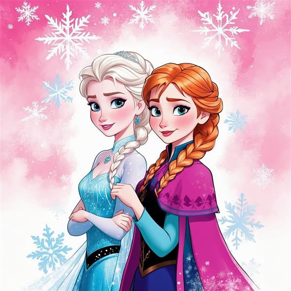 پوستر باکیفیت السا و آنا، با پس‌زمینه صورتی برفی و نورپردازی