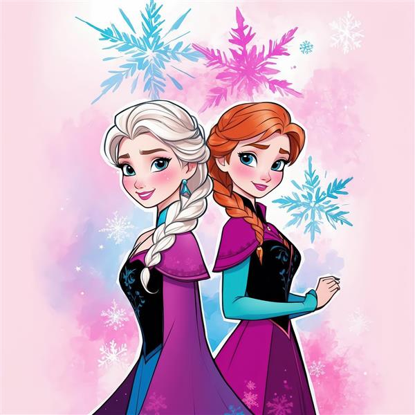 عکس باکیفیت آنا و السا پشت به پشت، با دانه‌های برف رنگارنگ