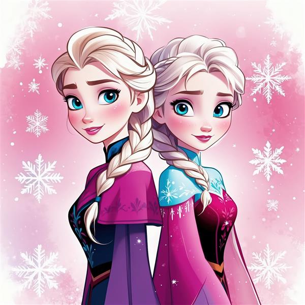 پوستر با کیفیت بالا از خواهران فروزن در لباس‌های بنفش و آبی