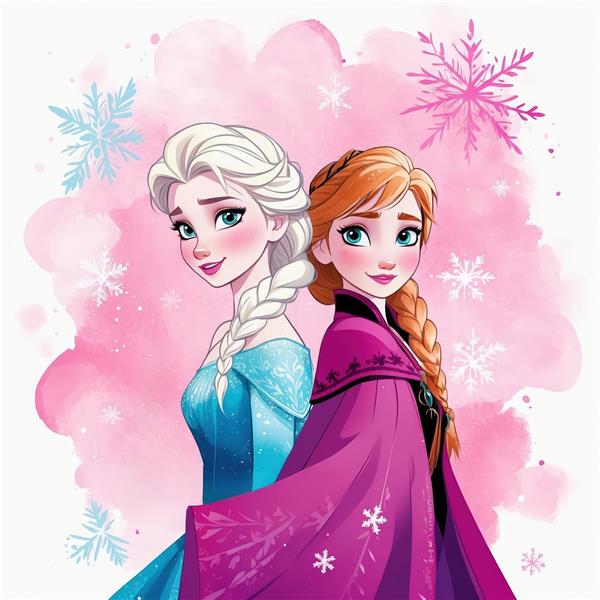 عکس اورجینال آنا و السا، با شنل بنفش و پس‌زمینه آبرنگ صورتی