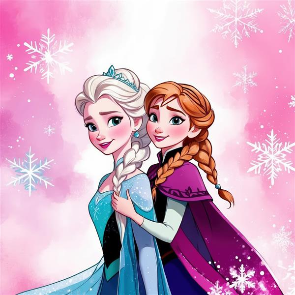 طرح دکوراتیو آنا و السا در آغوش یکدیگر، پس‌زمینه صورتی برفی