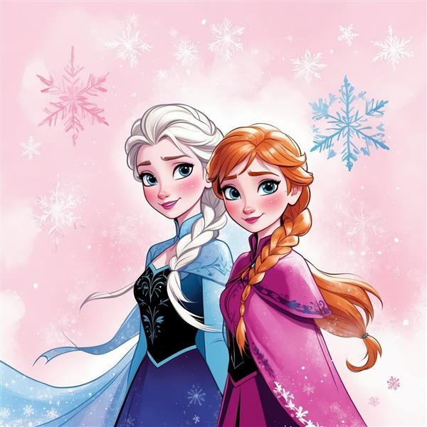 عکس باکیفیت آنا و السا، طرح آبرنگ زمستانی با پس‌زمینه صورتی