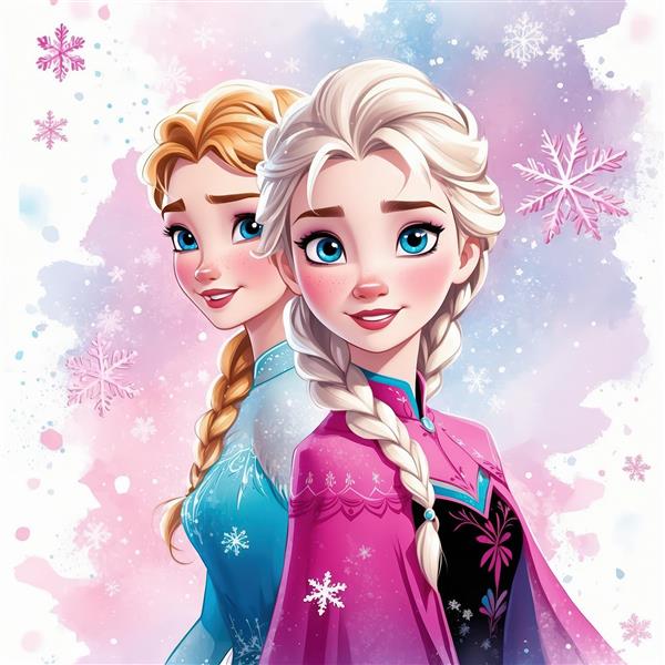 عکس با وضوح بالا از السا و آنا با رنگ موهای مختلف در طرح آبرنگی