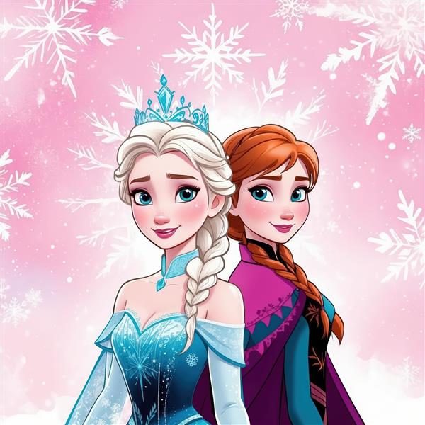 تصویر اورجینال السا و آنا با تاج در محیط صورتی برفی
