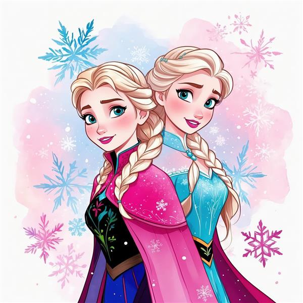 تصویر گرافیکی السا و آنا پشت به پشت، با پس‌زمینه آبرنگ صورتی و آبی