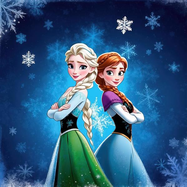 تصویر آنا و السا با لباس‌های رسمی در منظره برفی، و پس زمینه آبی