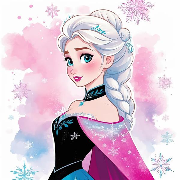 تصویر ملکه السا با تاج و شنل صورتی در پس‌زمینه آبرنگی