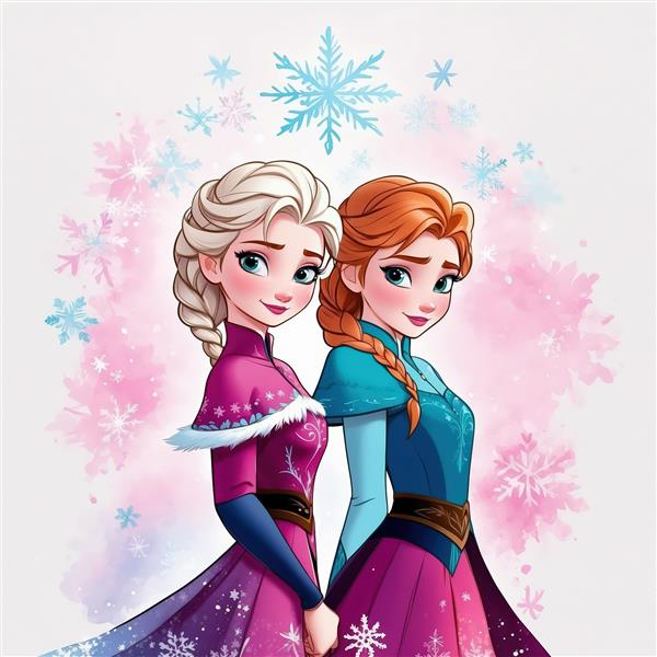 عکس باکیفیت آنا و السا، طرح آبرنگ صورتی و آبی، مناسب چاپ عریض