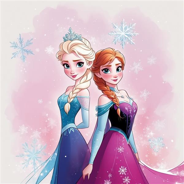 تصویر کارتونی السا و آنا در لباس مجلسی با تم آبرنگی صورتی